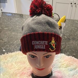 Gray and Red Pom-Pom Beanie